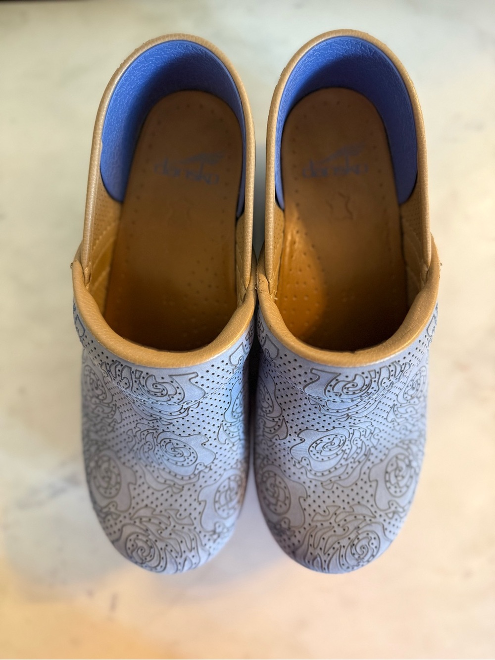 Dansko Light Blue Perforated Floral Clog with Tan Trim - Picture 4 of 7